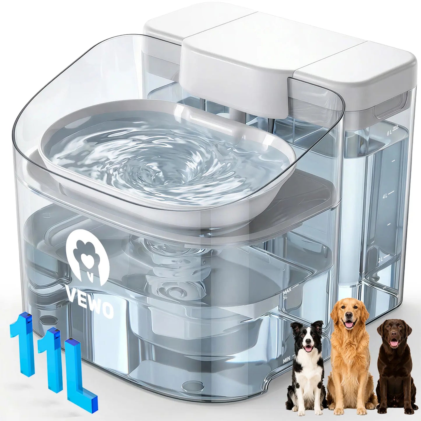 VEWO 11L Dog Water Fountain – No Spill, Ultra Quiet – 7 Days No Refill for Large Pets