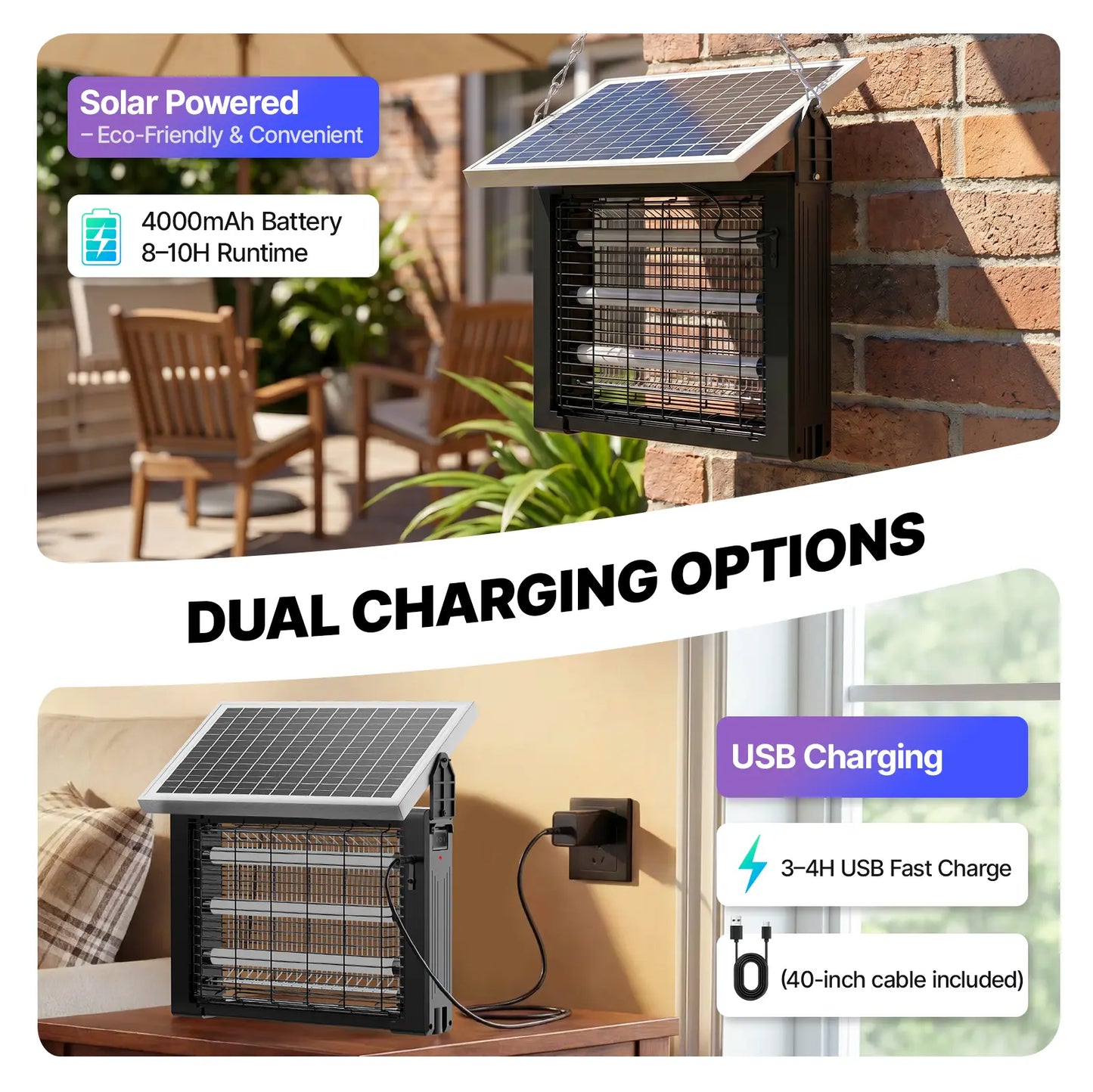 Solar Bug Zapper – 3500V, Smart Sensor – USB & Solar Charging for Outdoor Use