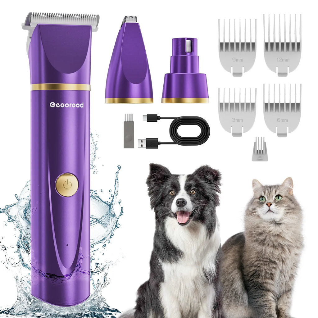 Geoorood Pet Grooming Kit – Low Noise Clippers, IPX7 Waterproof, Rechargeable Cordless Paw Trimmer & Nail Grinder – for Dogs, Cats & Pets