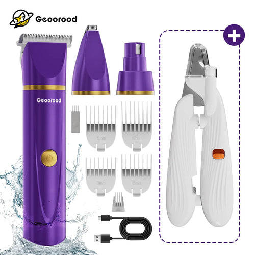 Geoorood Pet Grooming Kit – Low Noise Clippers, IPX7 Waterproof, Rechargeable Cordless Paw Trimmer & Nail Grinder – for Dogs, Cats & Pets