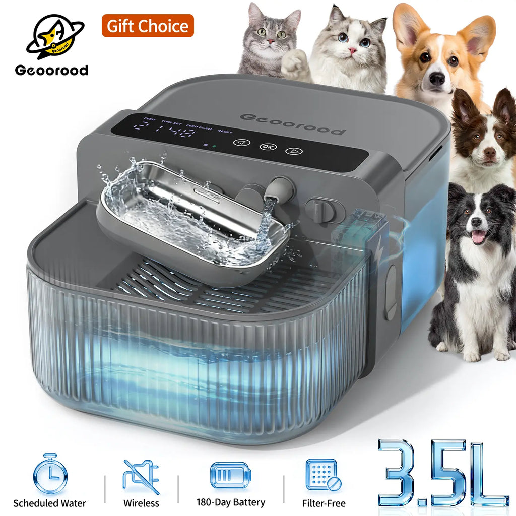 Geoorood Wireless Pet Water Dispenser – Stainless Steel, Dual Tanks (3.5L+2L), Timed Refill, 6-Month Battery, Wastewater Separation – Removable Bowl