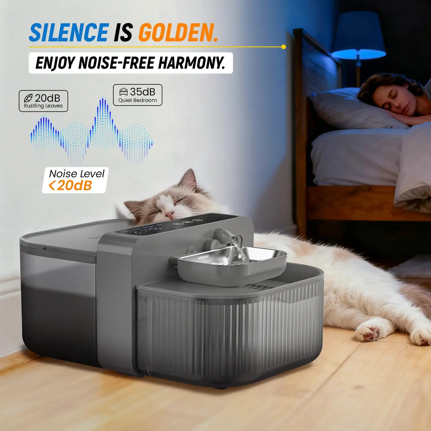 Wireless Pet Water Fountain – Dual Tanks, 6-Month Battery – Stainless Steel, Timed Refill, Removable Bowl