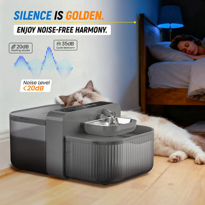 Wireless Pet Water Fountain – Dual Tanks, 6-Month Battery – Stainless Steel, Timed Refill, Removable Bowl