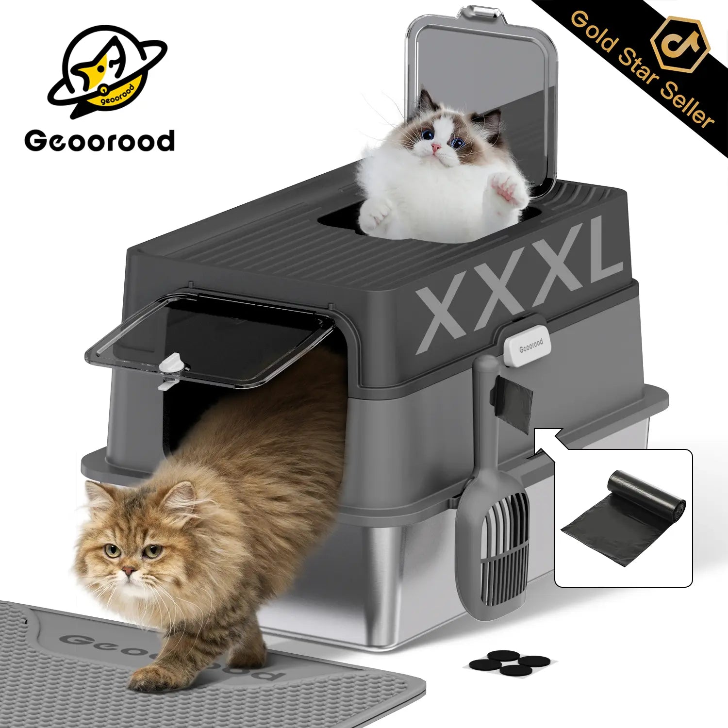 Geoorood XL Stainless Steel Litter Box with Lid – Enclosed High Sides, Anti-Leakage, Non-Sticky & Easy-Clean – Includes Scoop for Big Cats