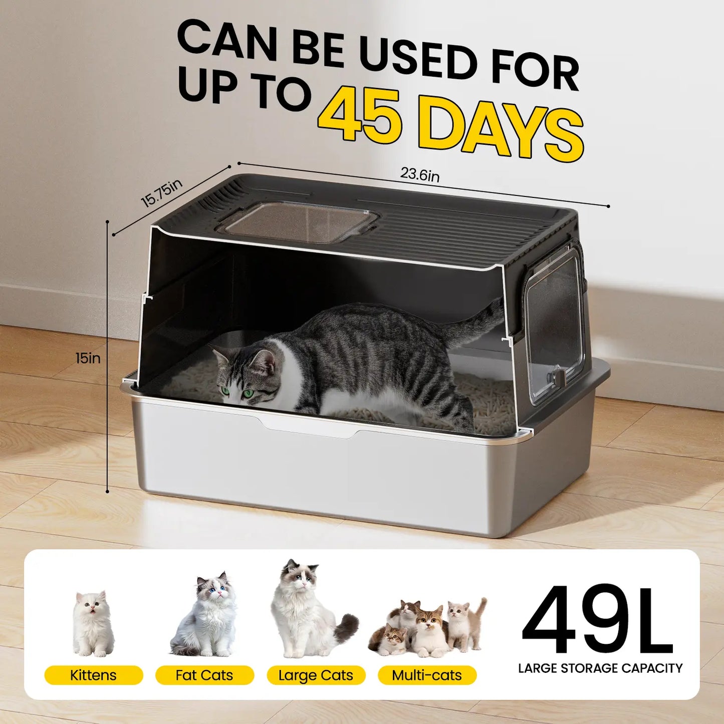 XL Stainless Steel Cat Litter Box – with Lid, High Sides, Anti-Leakage – Includes Scoop