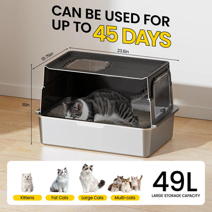 XL Stainless Steel Cat Litter Box – with Lid, High Sides, Anti-Leakage – Includes Scoop