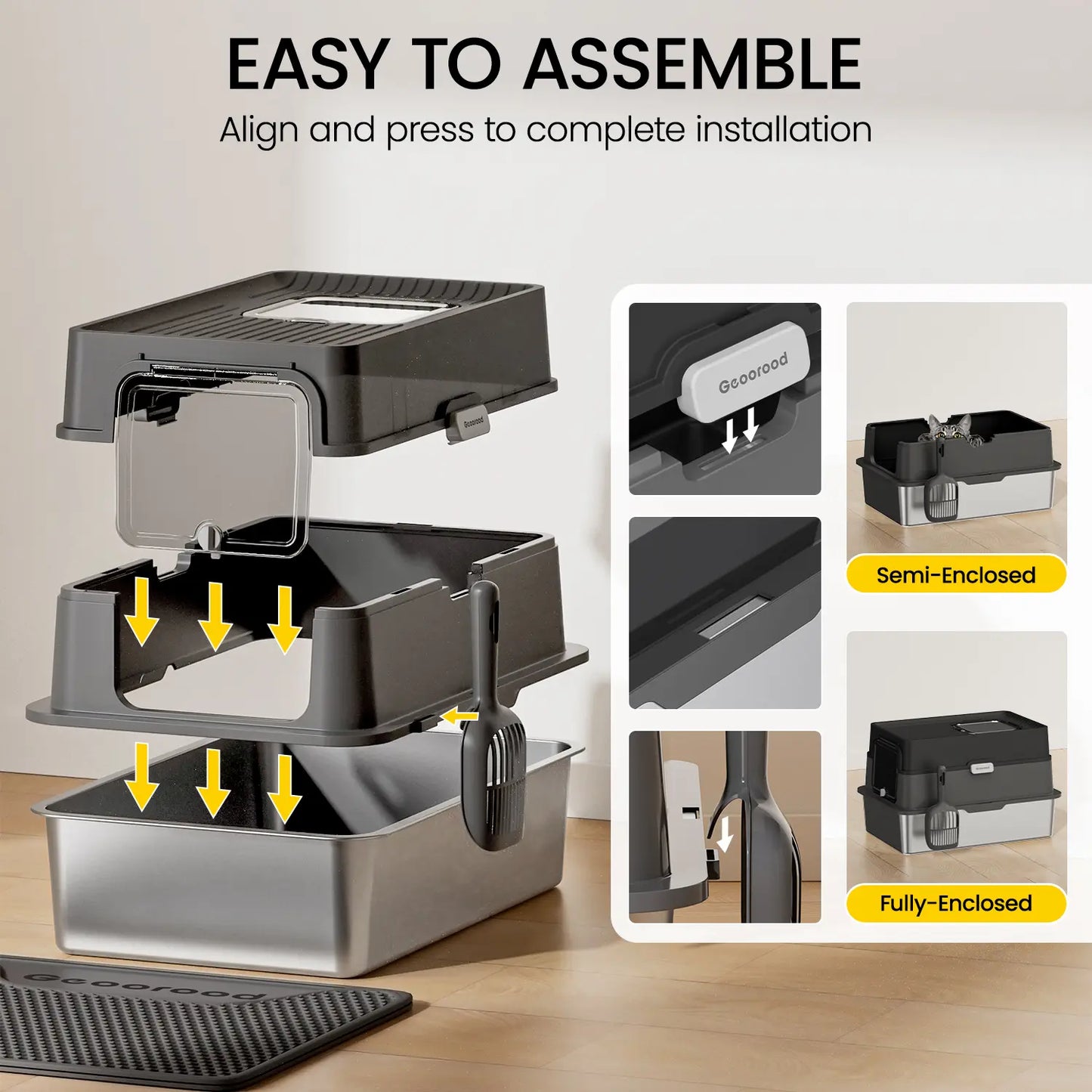 XL Stainless Steel Cat Litter Box – with Lid, High Sides, Anti-Leakage – Includes Scoop