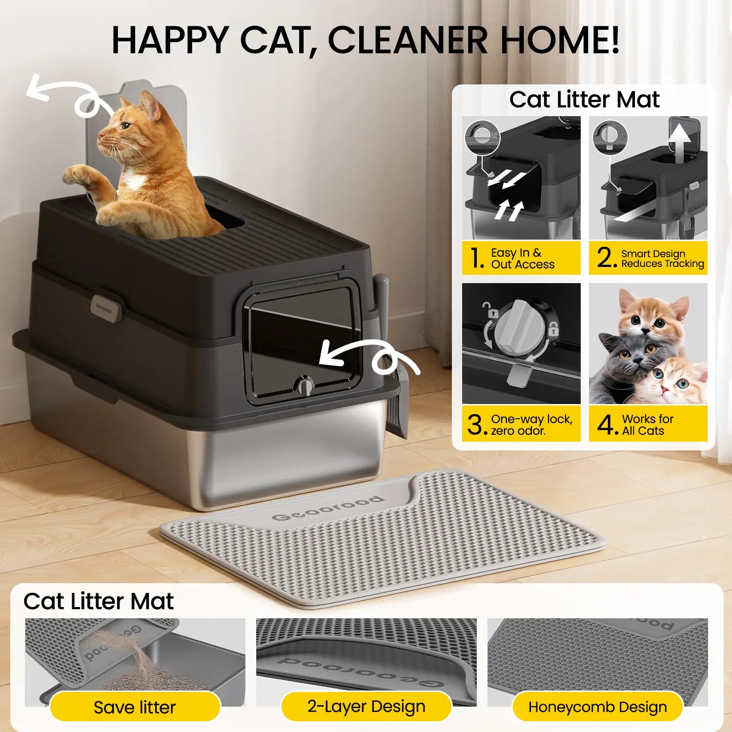 Geoorood XL Stainless Steel Litter Box with Lid – Enclosed High Sides, Anti-Leakage, Non-Sticky & Easy-Clean – Includes Scoop for Big Cats