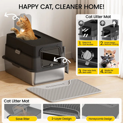 XL Stainless Steel Cat Litter Box – with Lid, High Sides, Anti-Leakage – Includes Scoop
