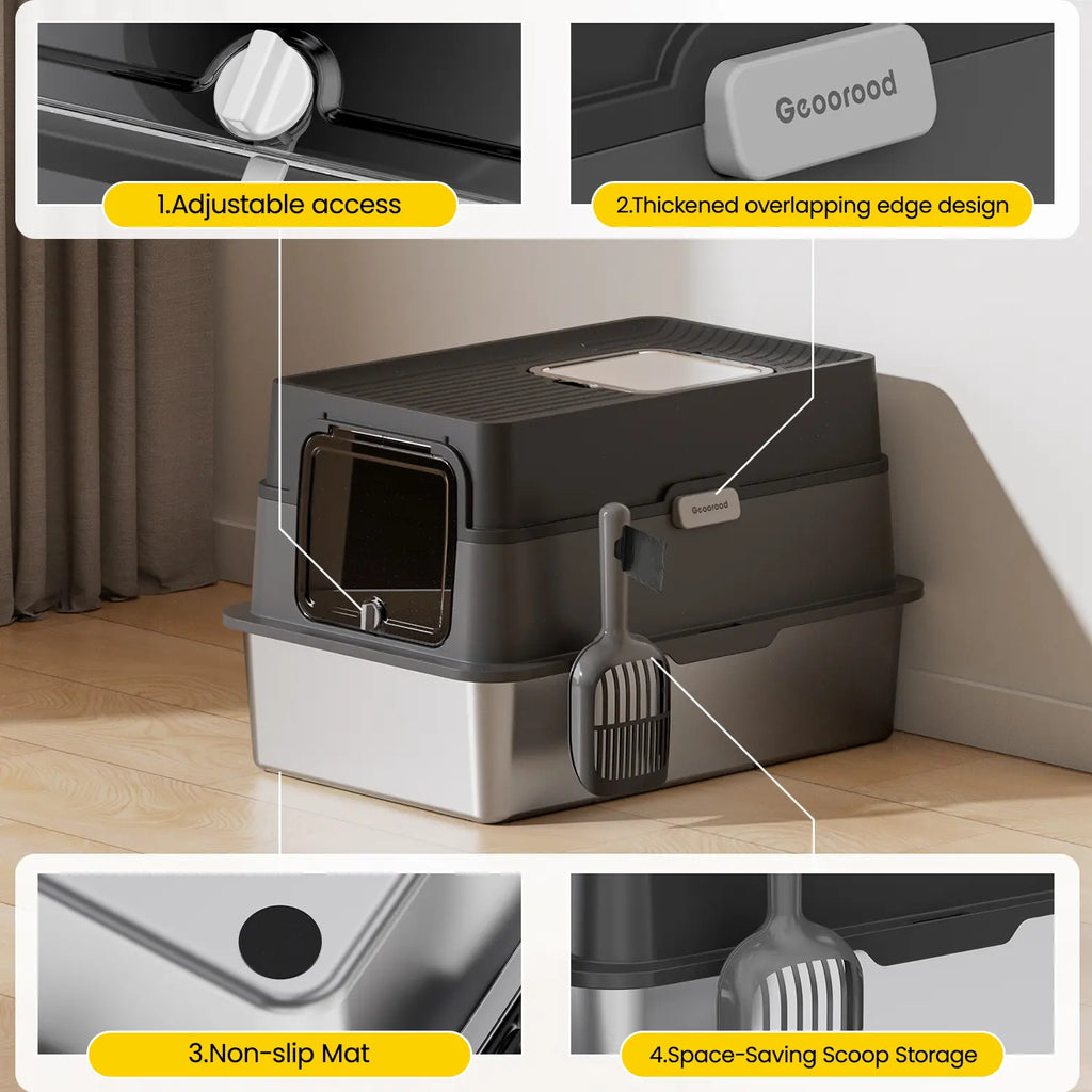 Geoorood XL Stainless Steel Litter Box with Lid – Enclosed High Sides, Anti-Leakage, Non-Sticky & Easy-Clean – Includes Scoop for Big Cats