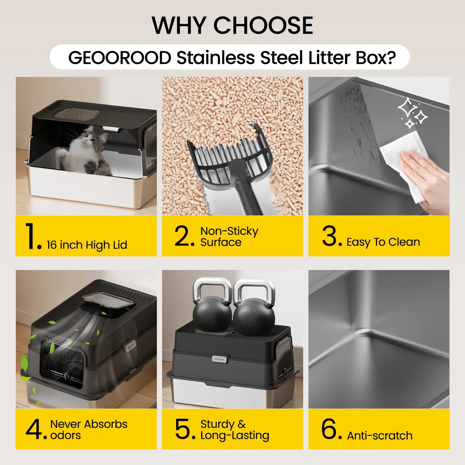 Geoorood XL Stainless Steel Litter Box with Lid – Enclosed High Sides, Anti-Leakage, Non-Sticky & Easy-Clean – Includes Scoop for Big Cats