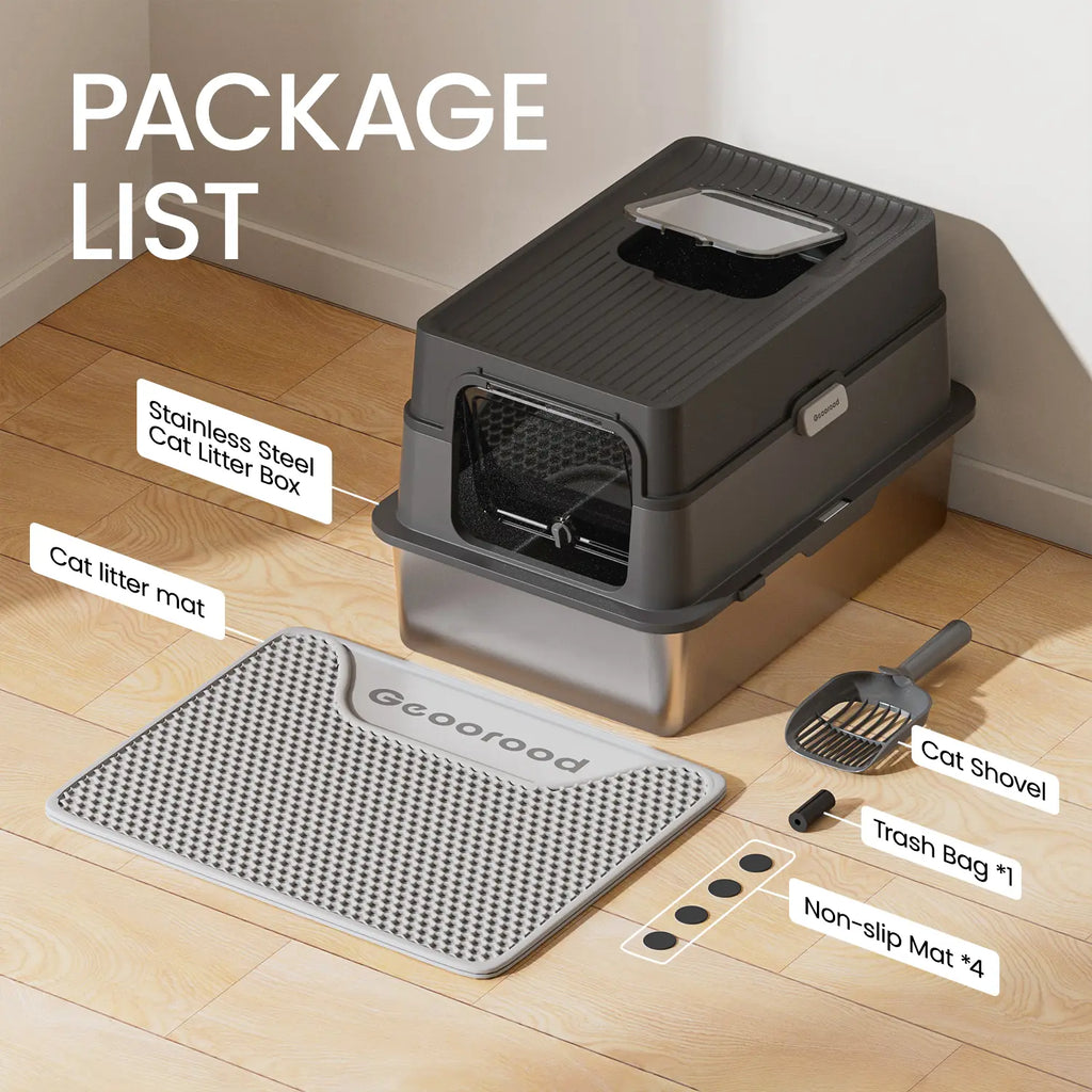 Geoorood XL Stainless Steel Litter Box with Lid – Enclosed High Sides, Anti-Leakage, Non-Sticky & Easy-Clean – Includes Scoop for Big Cats