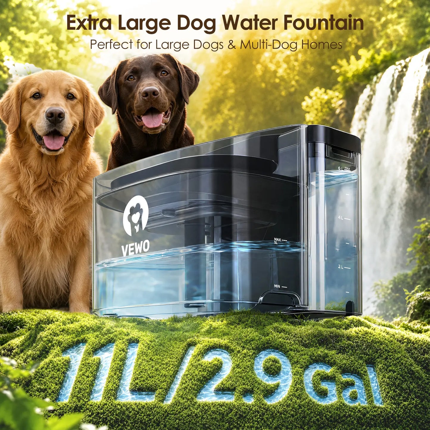 VEWO 11L Dog Water Fountain – No Spill, Ultra Quiet – 7 Days No Refill for Large Pets