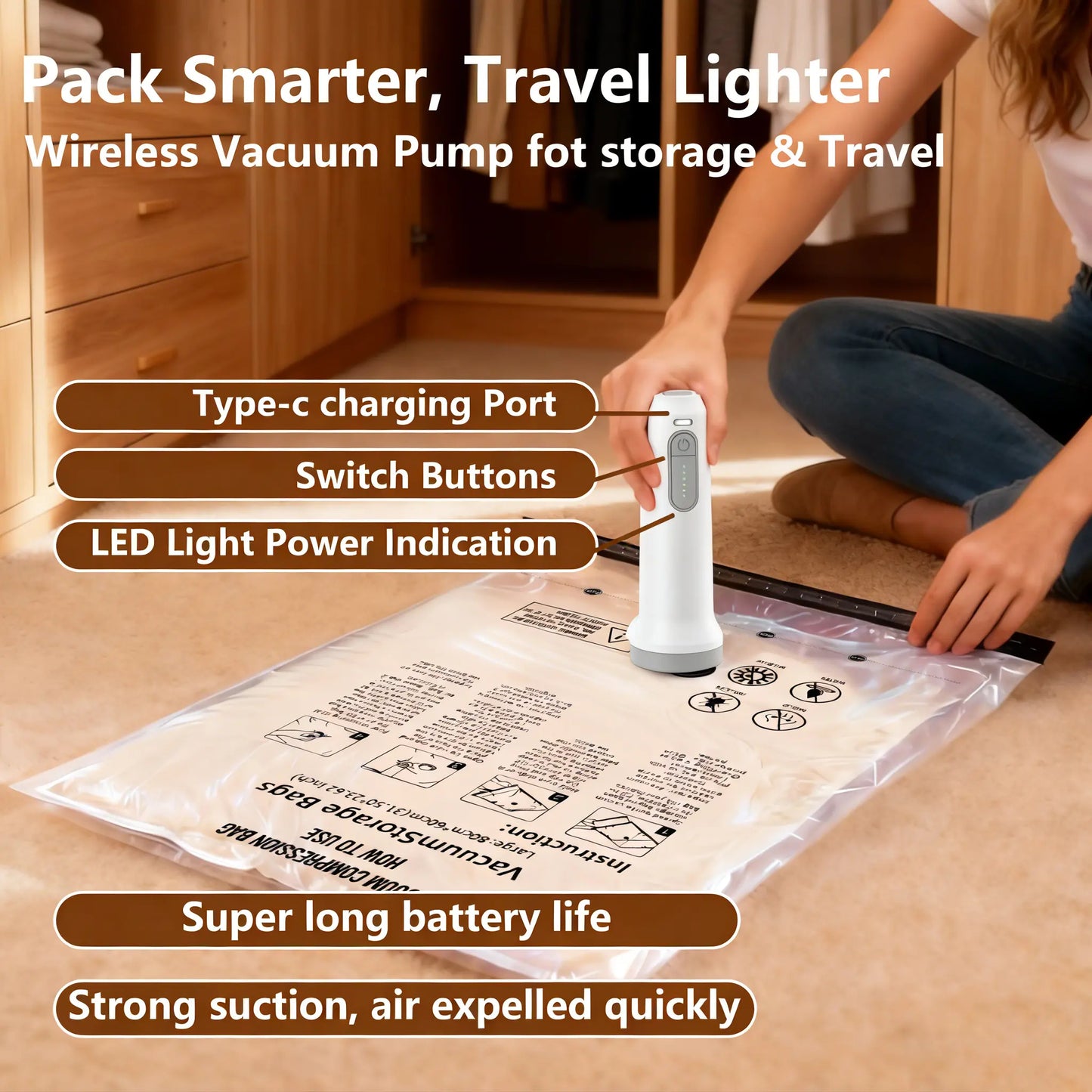 Cordless Vacuum Storage Set – 15 Bags + USB Pump – Space-Saving for Carry-On Suitcases