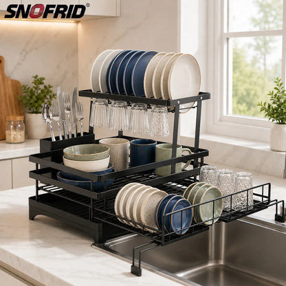Foldable Over Sink Dish Rack – 2-Tier Pull-Out Drying Rack with Utensil Holder – Kitchen Space Saver