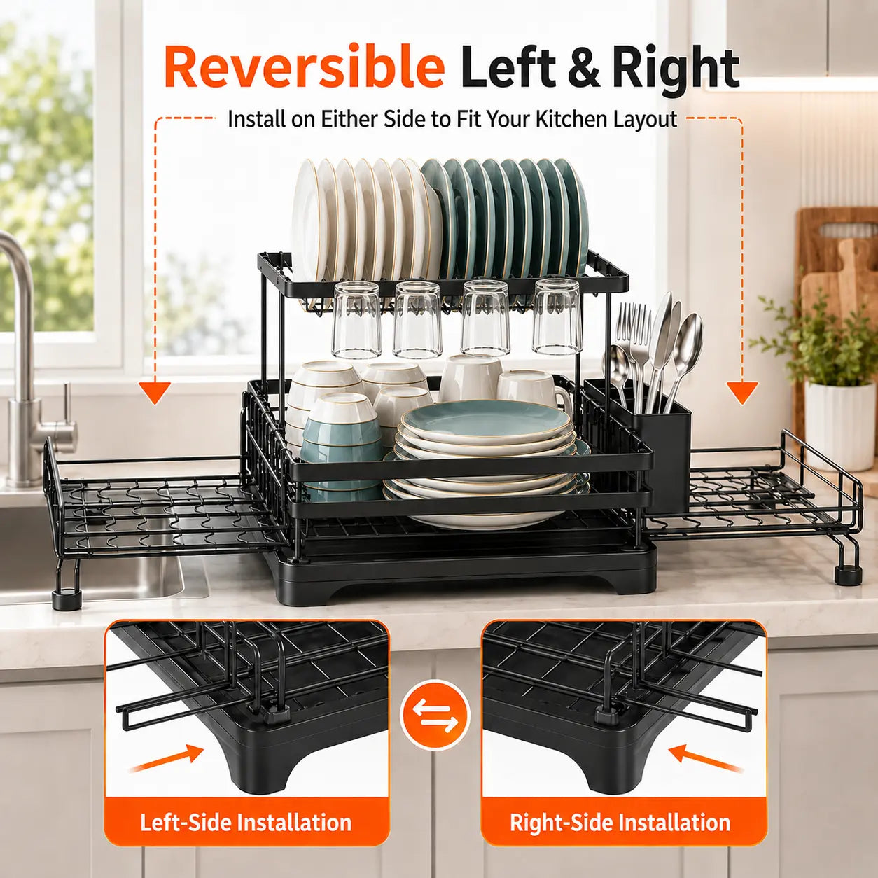 Foldable Over Sink Dish Rack – 2-Tier Pull-Out Drying Rack with Utensil Holder – Kitchen Space Saver