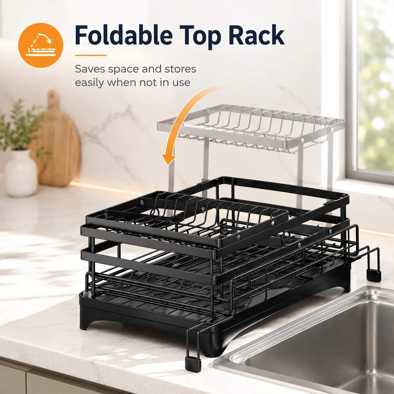 Foldable Over Sink Dish Rack – 2-Tier Pull-Out Drying Rack with Utensil Holder – Kitchen Space Saver