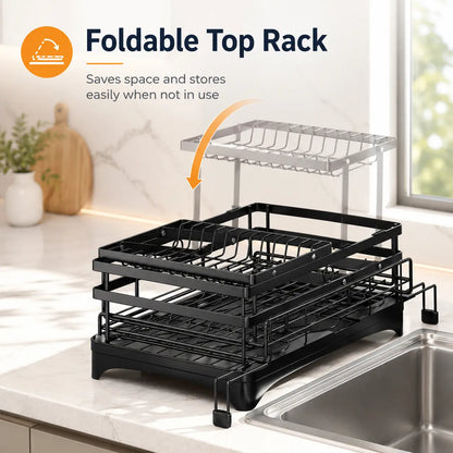 Foldable Over Sink Dish Rack – 2-Tier Pull-Out Drying Rack with Utensil Holder – Kitchen Space Saver