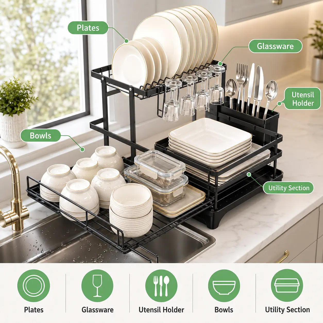 Foldable Over Sink Dish Rack – 2-Tier Pull-Out Drying Rack with Utensil Holder – Kitchen Space Saver