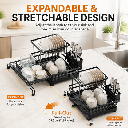 Foldable Over Sink Dish Rack – 2-Tier Pull-Out Drying Rack with Utensil Holder – Kitchen Space Saver