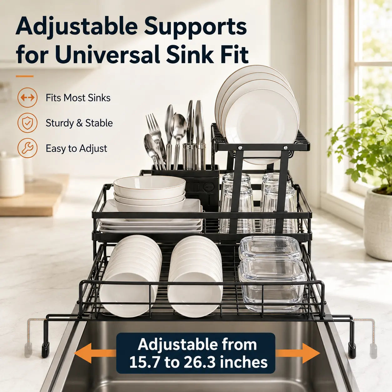 Foldable Over Sink Dish Rack – 2-Tier Pull-Out Drying Rack with Utensil Holder – Kitchen Space Saver