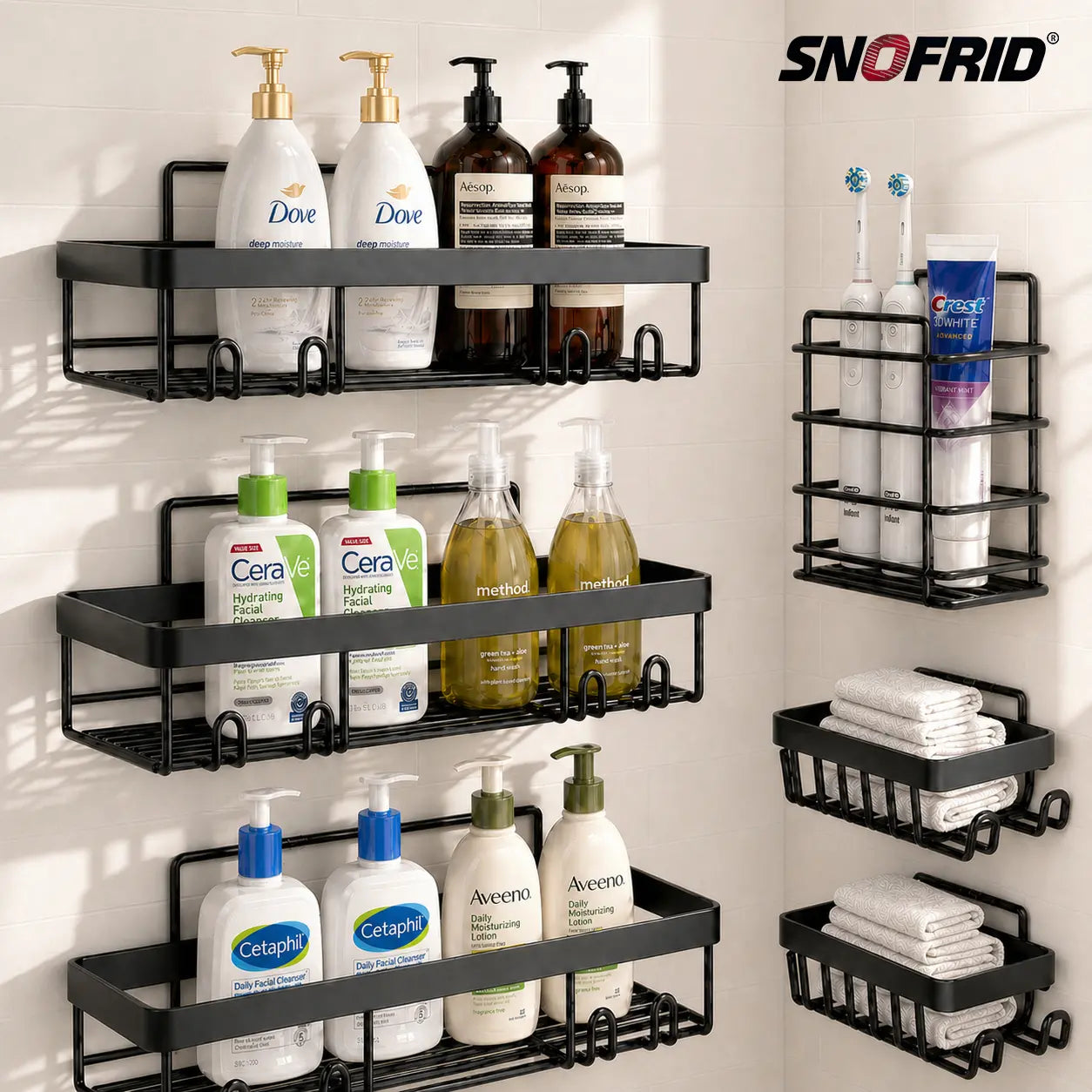 6-Pack Rustproof Shower Caddy – No-Drilling Adhesive Shelves – Large Capacity Bathroom Storage