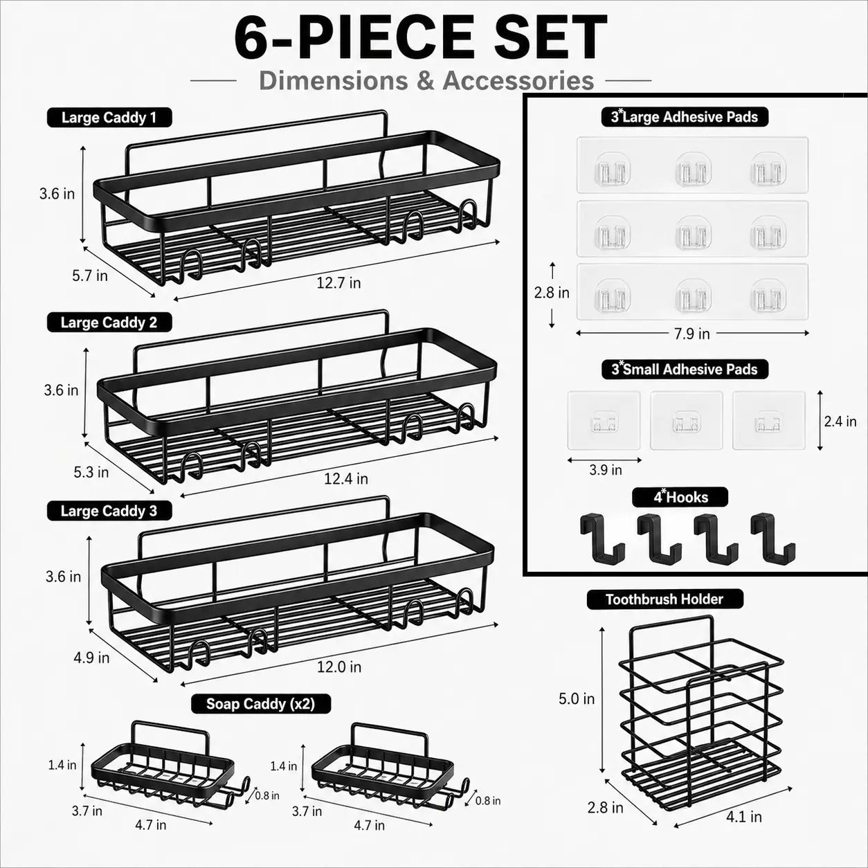 6-Pack Rustproof Shower Caddy – No-Drilling Adhesive Shelves – Large Capacity Bathroom Storage