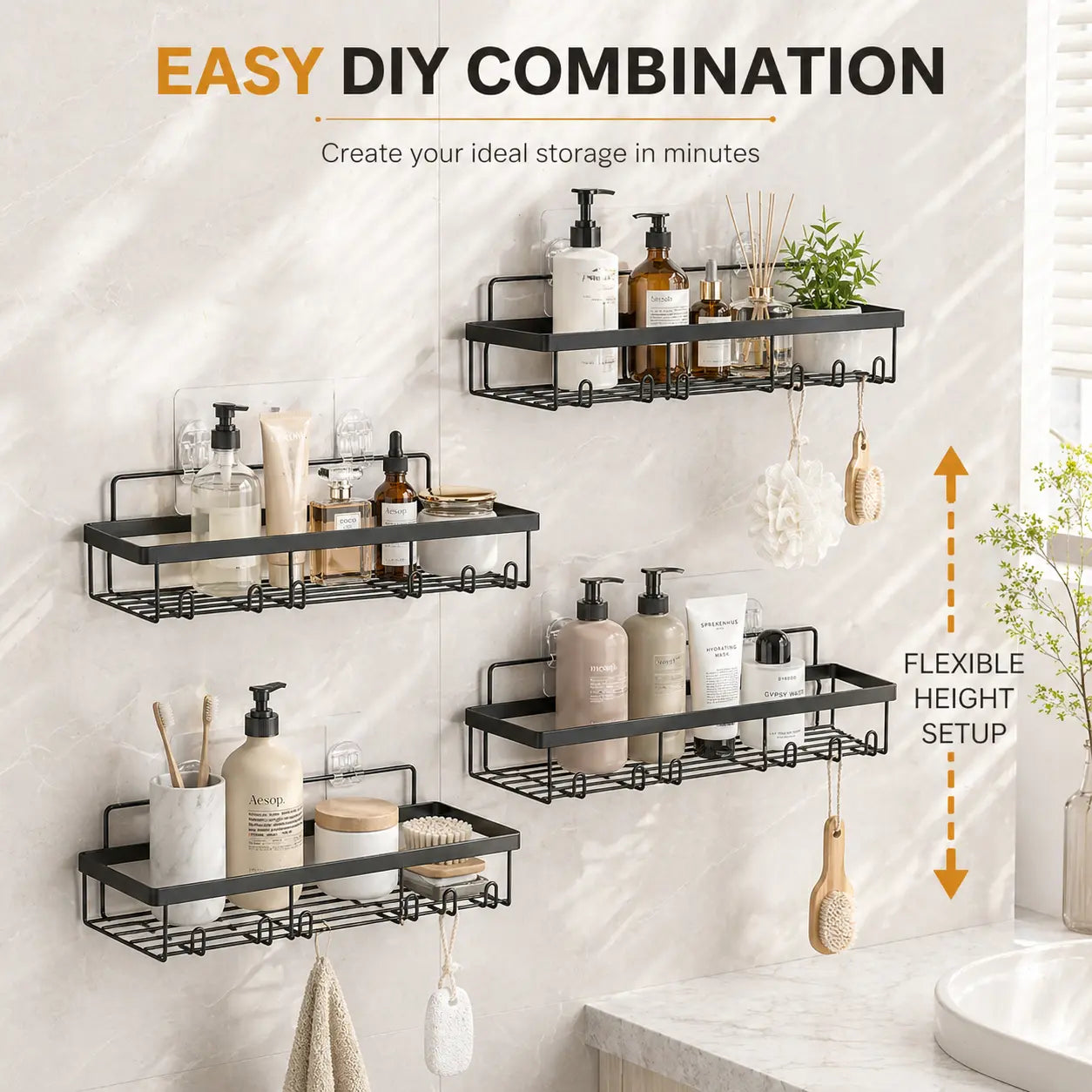 6-Pack Rustproof Shower Caddy – No-Drilling Adhesive Shelves – Large Capacity Bathroom Storage