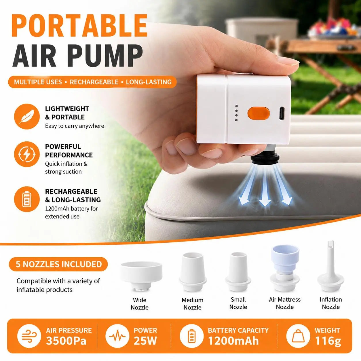 Portable Air Pump – Fast Inflate/Deflate – For Air Mattress, Pool Floats & Camping