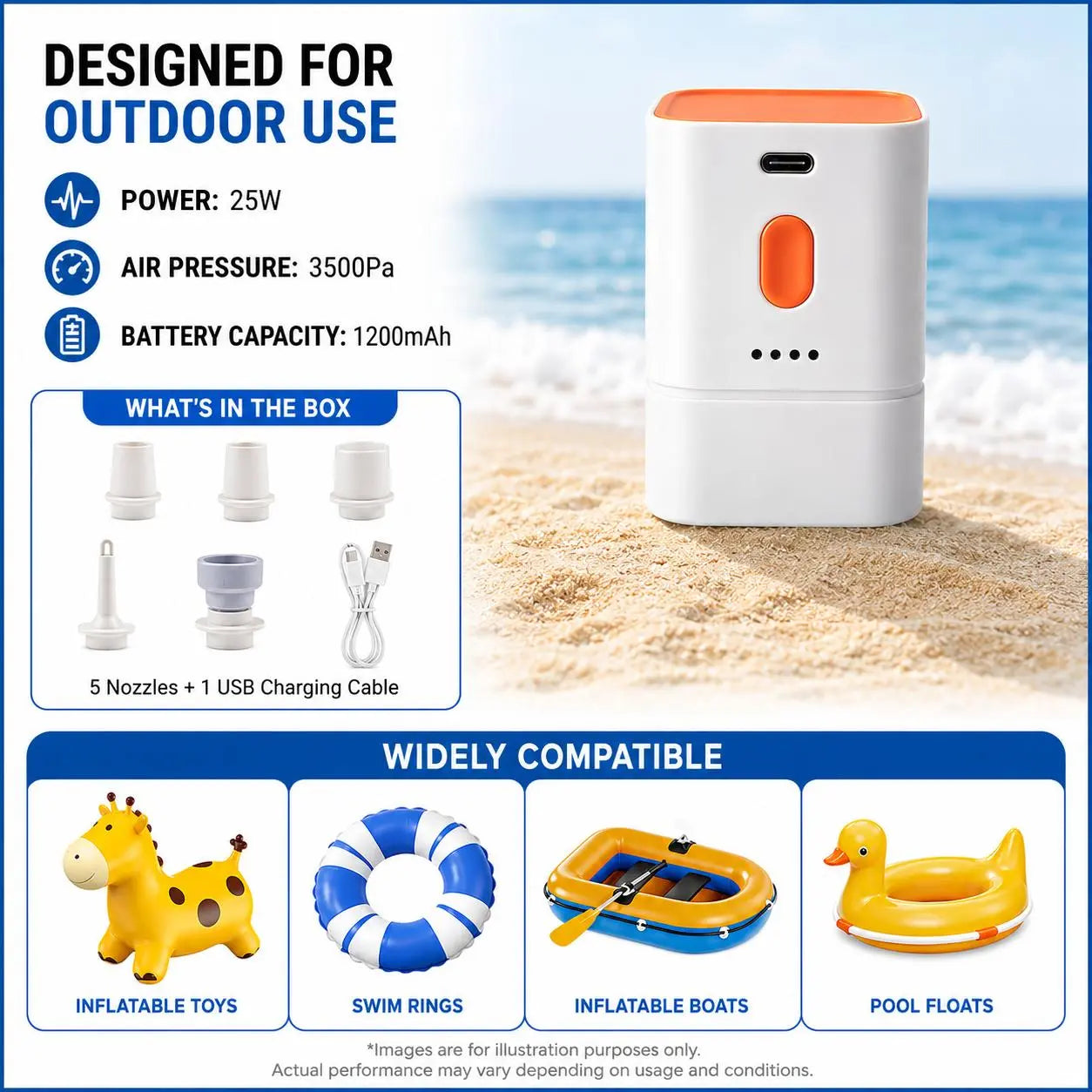 Portable Air Pump – Fast Inflate/Deflate – For Air Mattress, Pool Floats & Camping