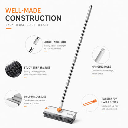 3-in-1 Scrub Brush with Long Handle – Stiff Bristles & Scraper – For Bathroom, Kitchen, Patio, Garage & Pool