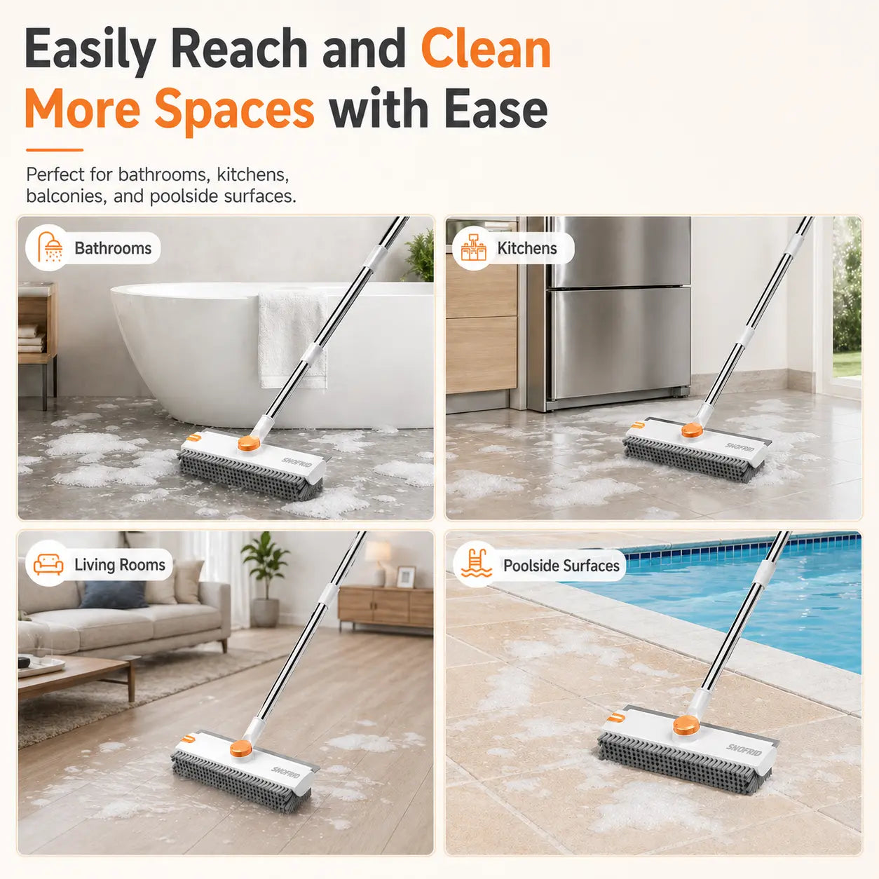 3-in-1 Scrub Brush with Long Handle – Stiff Bristles & Scraper – For Bathroom, Kitchen, Patio, Garage & Pool