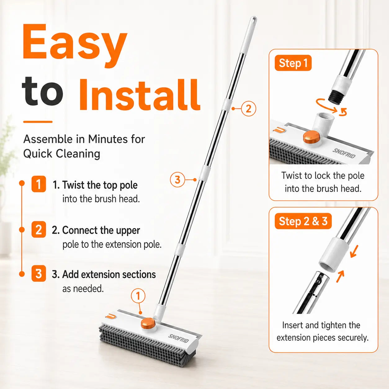 3-in-1 Scrub Brush with Long Handle – Stiff Bristles & Scraper – For Bathroom, Kitchen, Patio, Garage & Pool