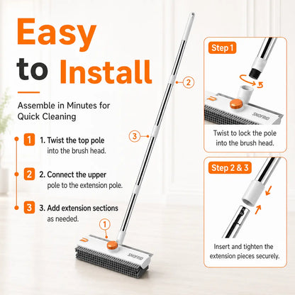 3-in-1 Scrub Brush with Long Handle – Stiff Bristles & Scraper – For Bathroom, Kitchen, Patio, Garage & Pool