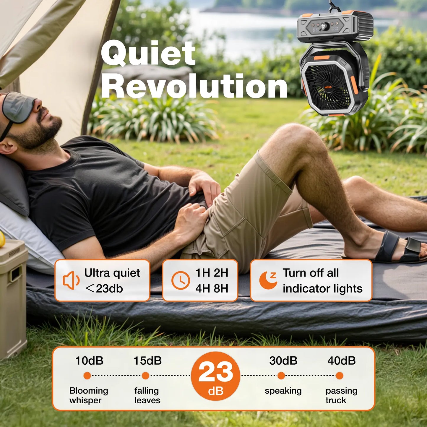 Rechargeable Camping Fan – 30000mAh, LED Light, Remote Control – 270° Pivot for Tent & Travel