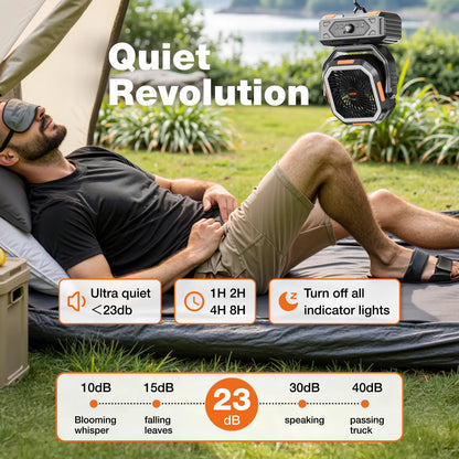 Rechargeable Camping Fan – 30000mAh, LED Light, Remote Control – 270° Pivot for Tent & Travel