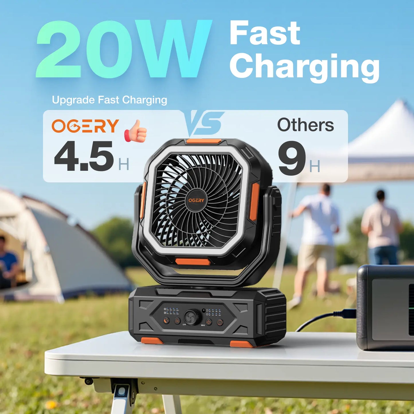Rechargeable Camping Fan – 30000mAh, LED Light, Remote Control – 270° Pivot for Tent & Travel