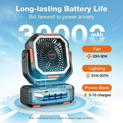 Rechargeable Camping Fan – 30000mAh, LED Light, Remote Control – 270° Pivot for Tent & Travel