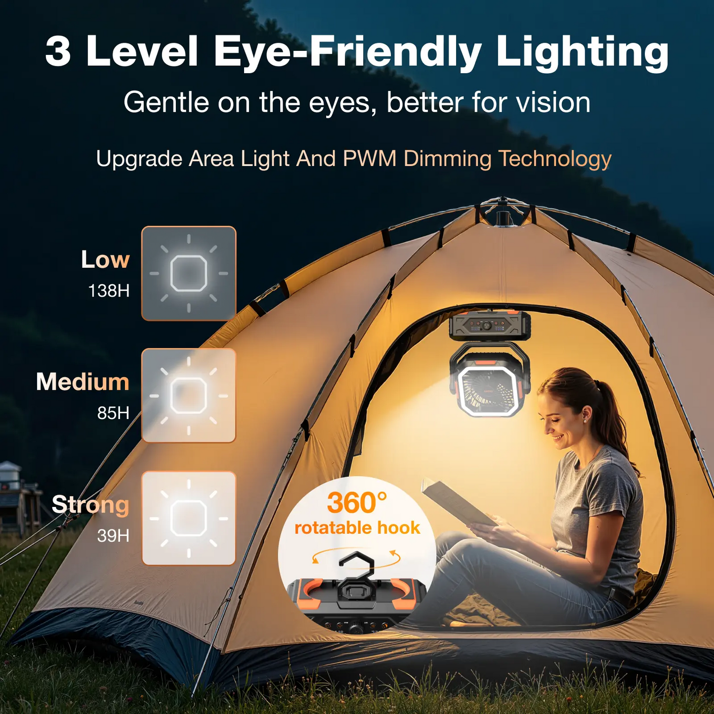 Rechargeable Camping Fan – 30000mAh, LED Light, Remote Control – 270° Pivot for Tent & Travel