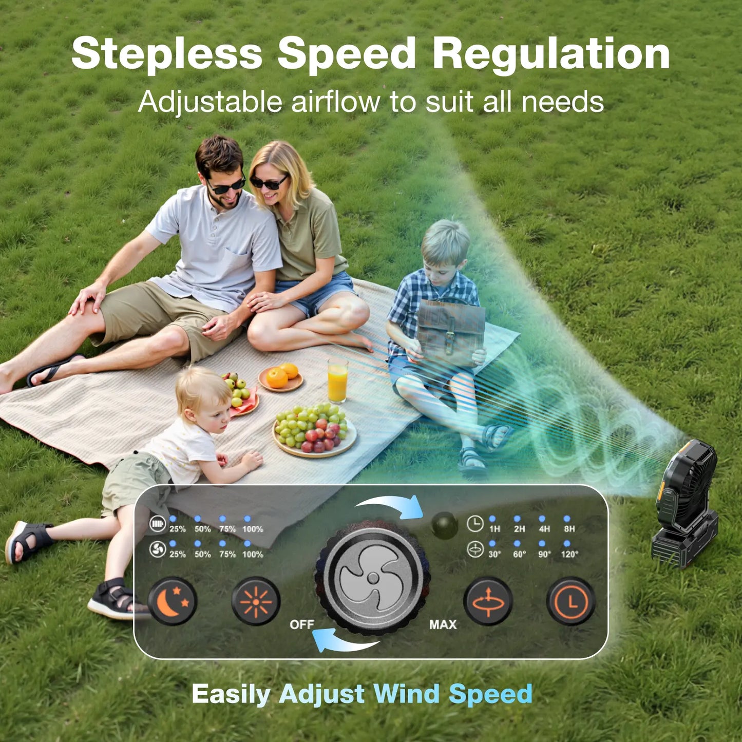Rechargeable Camping Fan – 30000mAh, LED Light, Remote Control – 270° Pivot for Tent & Travel