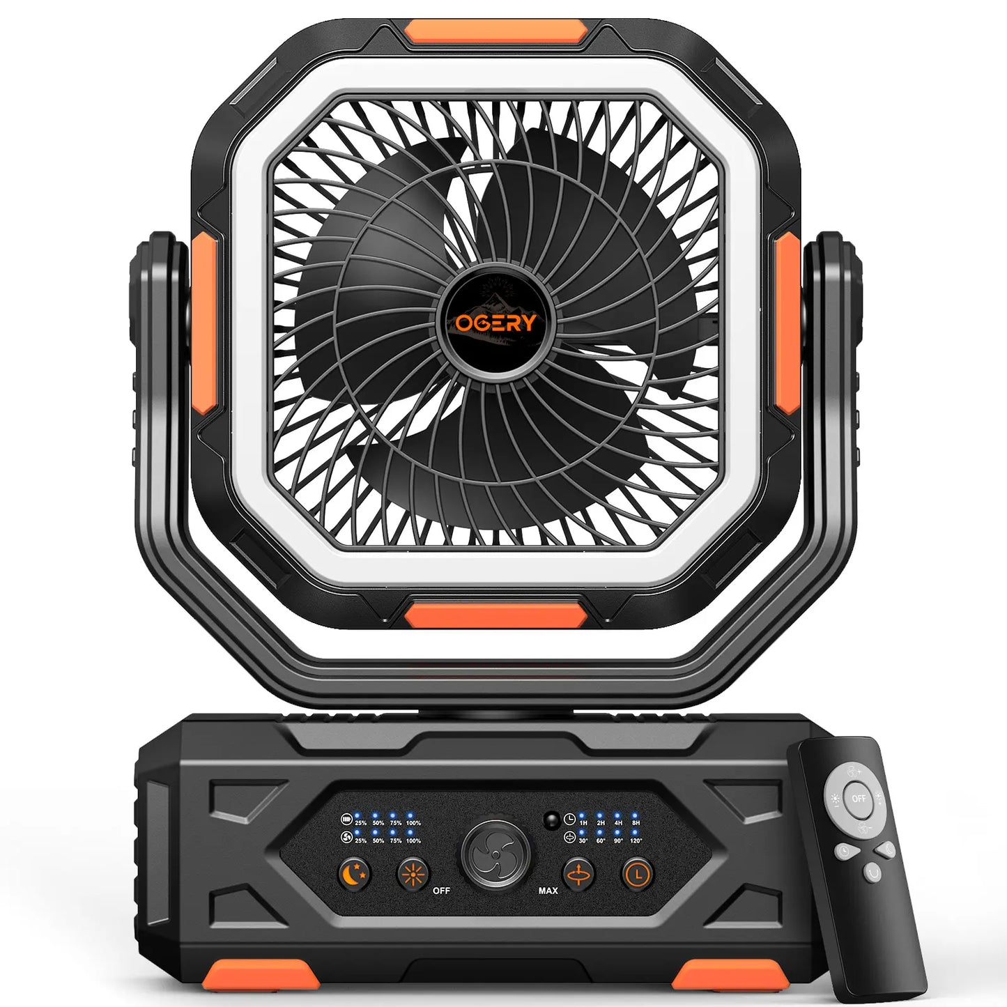 Rechargeable Camping Fan – 30000mAh, LED Light, Remote Control – 270° Pivot for Tent & Travel
