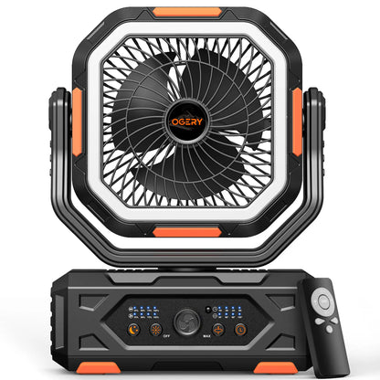 Rechargeable Camping Fan – 30000mAh, LED Light, Remote Control – 270° Pivot for Tent & Travel