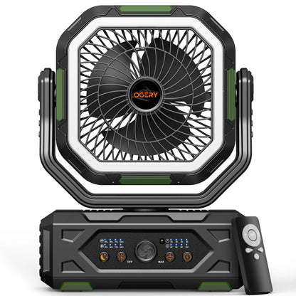 Rechargeable Camping Fan – 30000mAh, LED Light, Remote Control – 270° Pivot for Tent & Travel