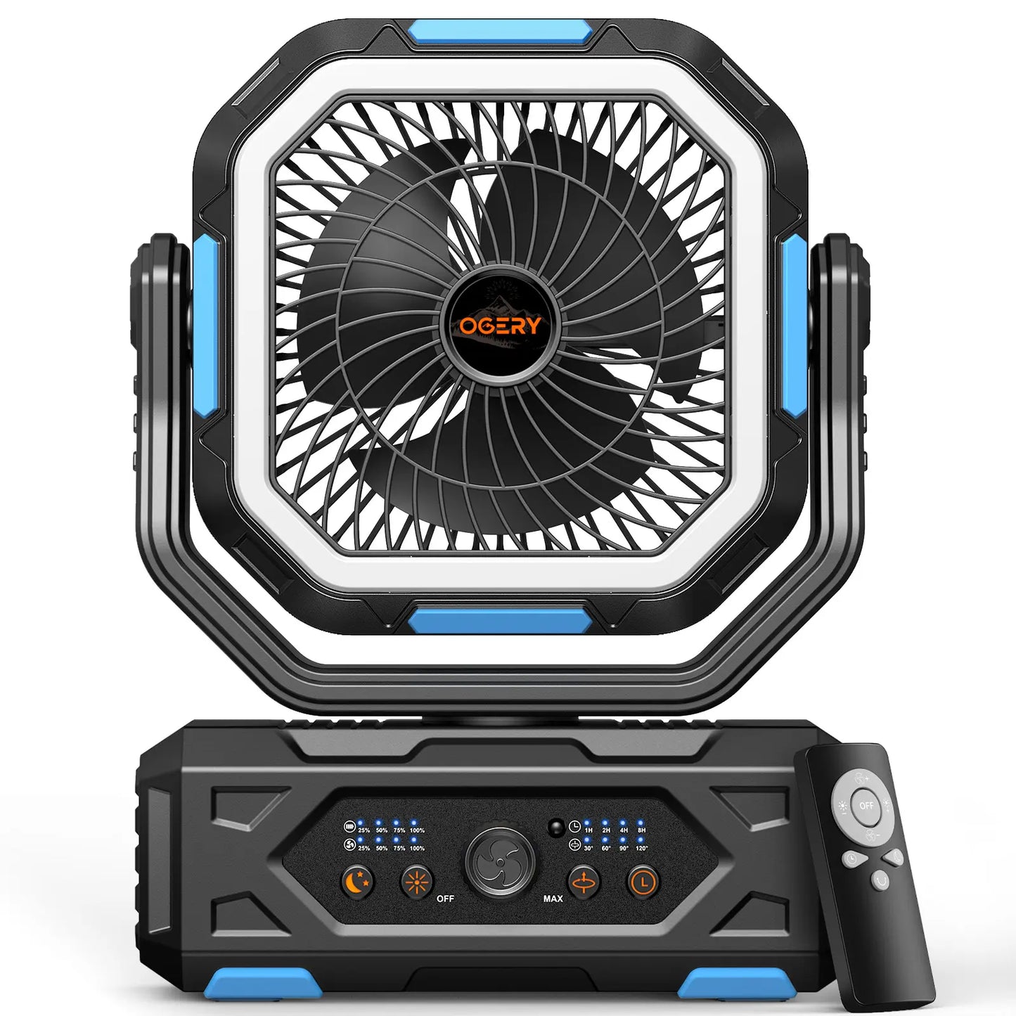 Rechargeable Camping Fan – 30000mAh, LED Light, Remote Control – 270° Pivot for Tent & Travel