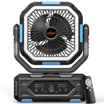 Rechargeable Camping Fan – 30000mAh, LED Light, Remote Control – 270° Pivot for Tent & Travel