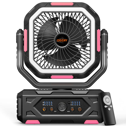 Rechargeable Camping Fan – 30000mAh, LED Light, Remote Control – 270° Pivot for Tent & Travel