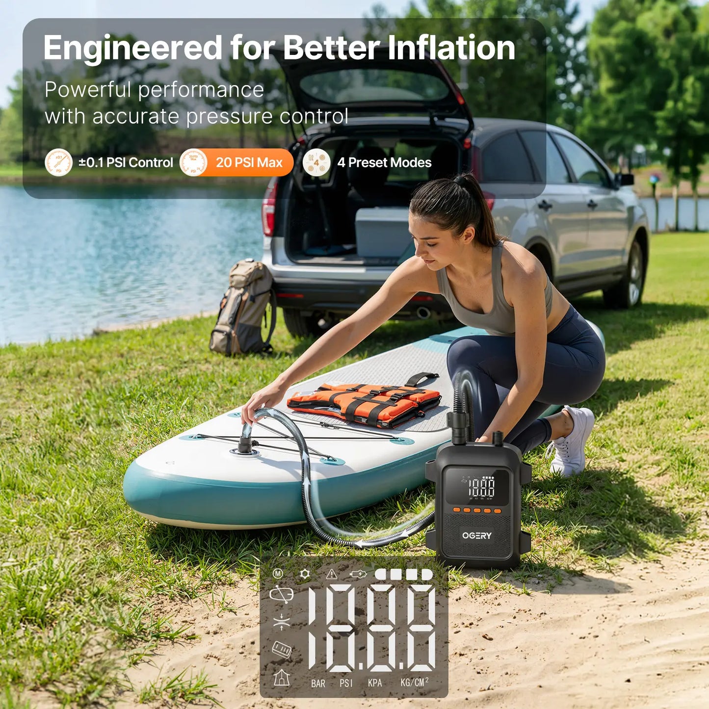 Electric SUP Pump – 20PSI, Dual-Stage, Auto-Off – Rechargeable for Inflatables