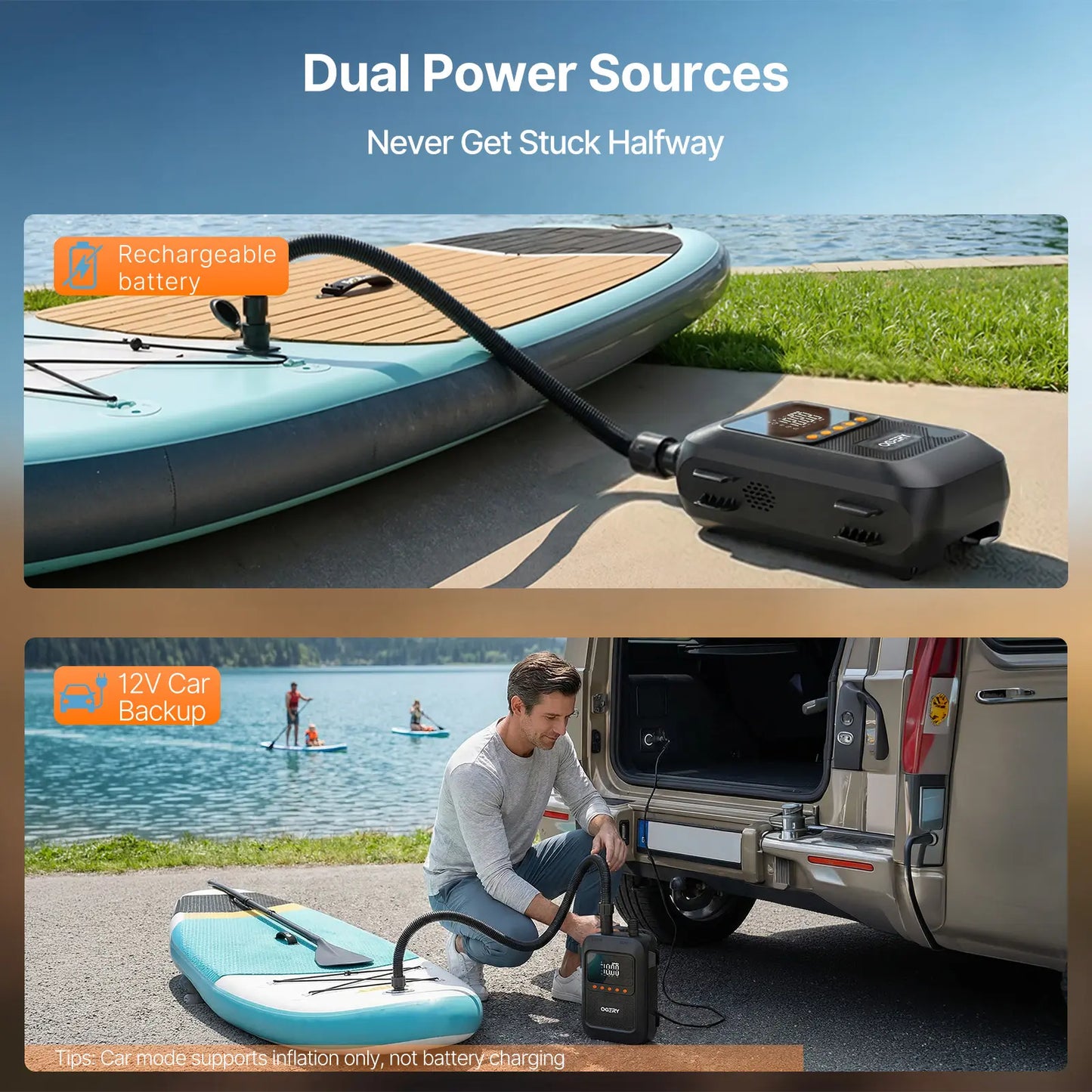 Electric SUP Pump – 20PSI, Dual-Stage, Auto-Off – Rechargeable for Inflatables
