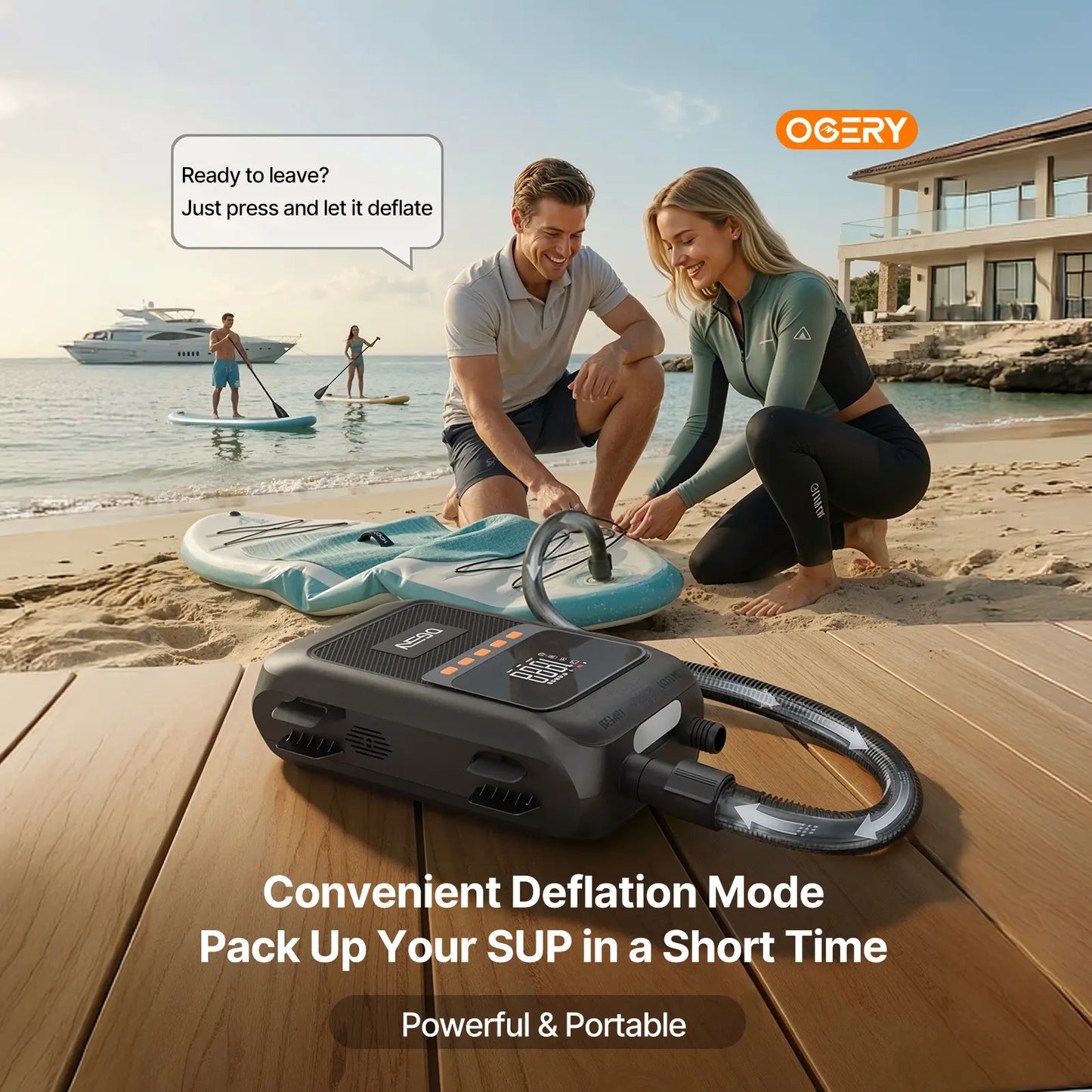 Electric SUP Pump – 20PSI, Dual-Stage, Auto-Off – Rechargeable for Inflatables
