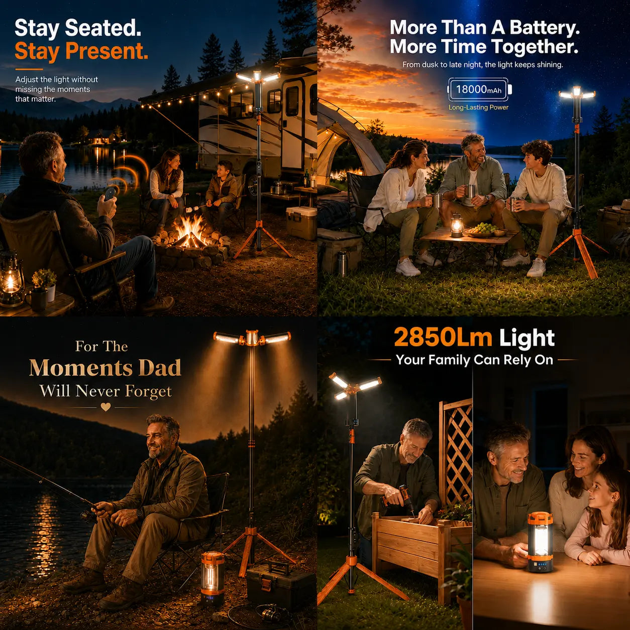 Camping Light with Tripod – 2850LM, 18000mAh, Remote – 3 Heads for Camping & Emergency